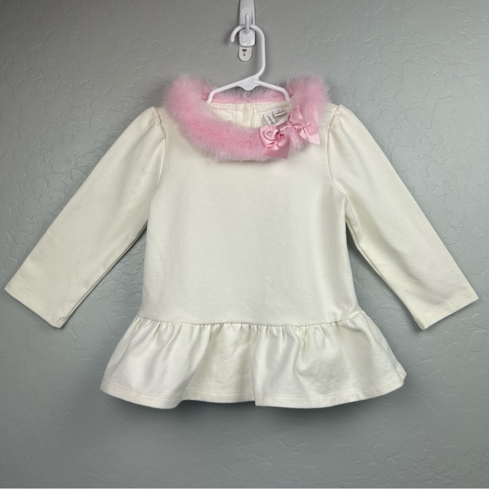 Janie and Jack cream and pink sugar faux fur collar peplum top size 6